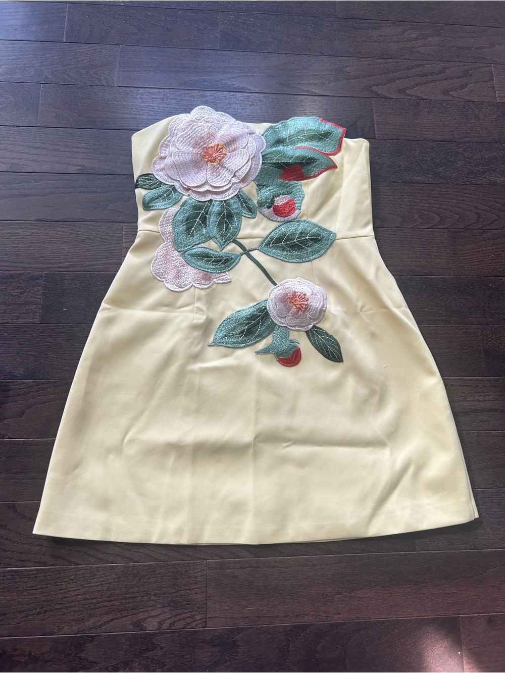 Strapless Yellow Mini Dress with Floral Appliqué
